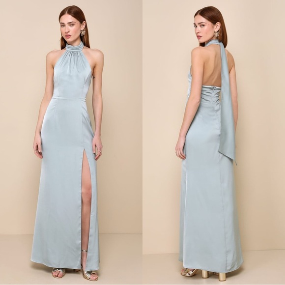 NWOT Lulus Pristine Charisma Sage‎ Green Satin Backless Halter Maxi Dress - Picture 1 of 9